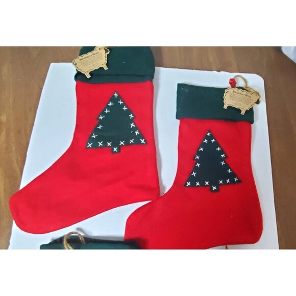 Set Of 4 Naturally Wool Christmas Stockings With Green Cuffs & Tree Design - Picture 4 of 7